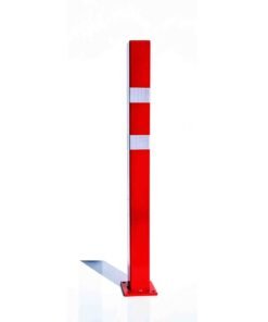Red bollard with reflective white bands with plate