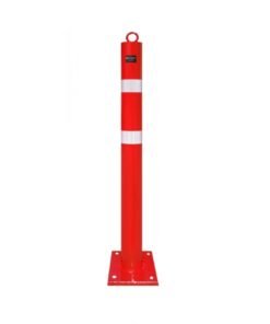 Bollard with ring with red plate with white reflective strips