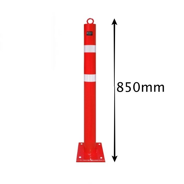 Bollard with ring with red plate with white reflective strips