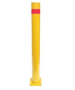 Yellow fixed security bollard with reflective tape with plate diameter 80mm x 800mm high
