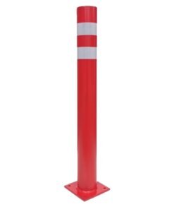 Red fixed security bollard with double reflective tape with plate diameter 80mm x 800mm high