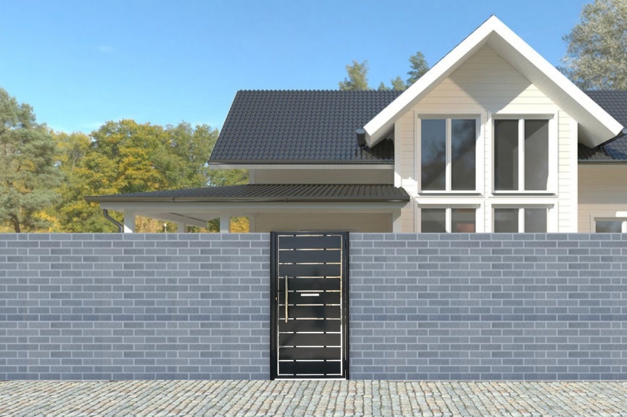 Puerta peatonal moderna con laminas de chapas separadas