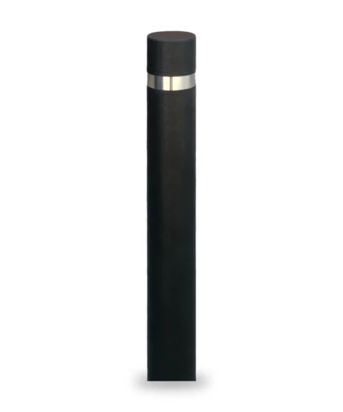 Black cast-in Barcelona bollard with stainless steel ring, full view