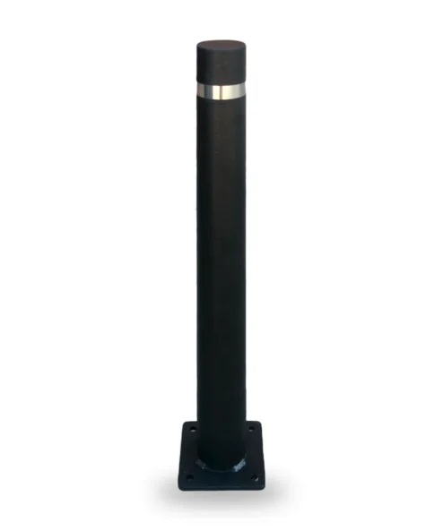 Black Barcelona bollard with base plate and stainless steel ring, full view